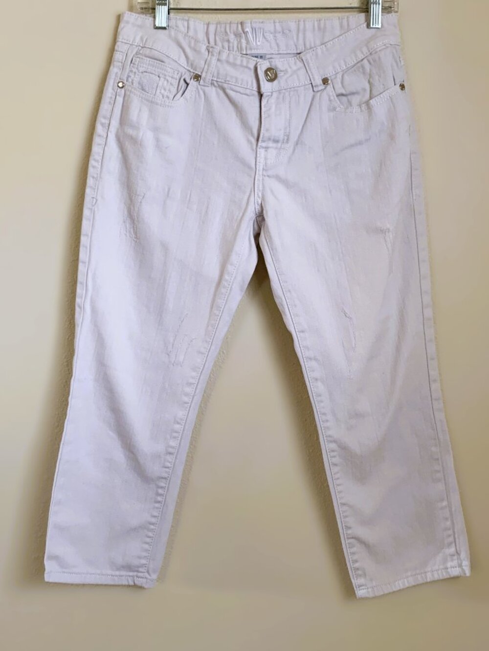 Vintage Y2k NV Ivory Denim Capri Distressed, Embroidered Size 11